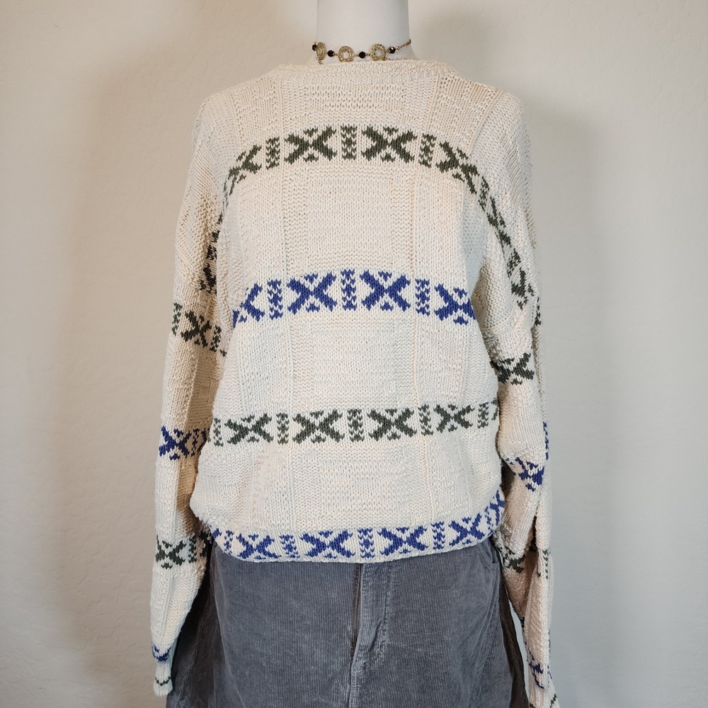 Cambridge Classics Mens Size L Cream Blue Green Knit Cotton‎ Grandpa Sweater